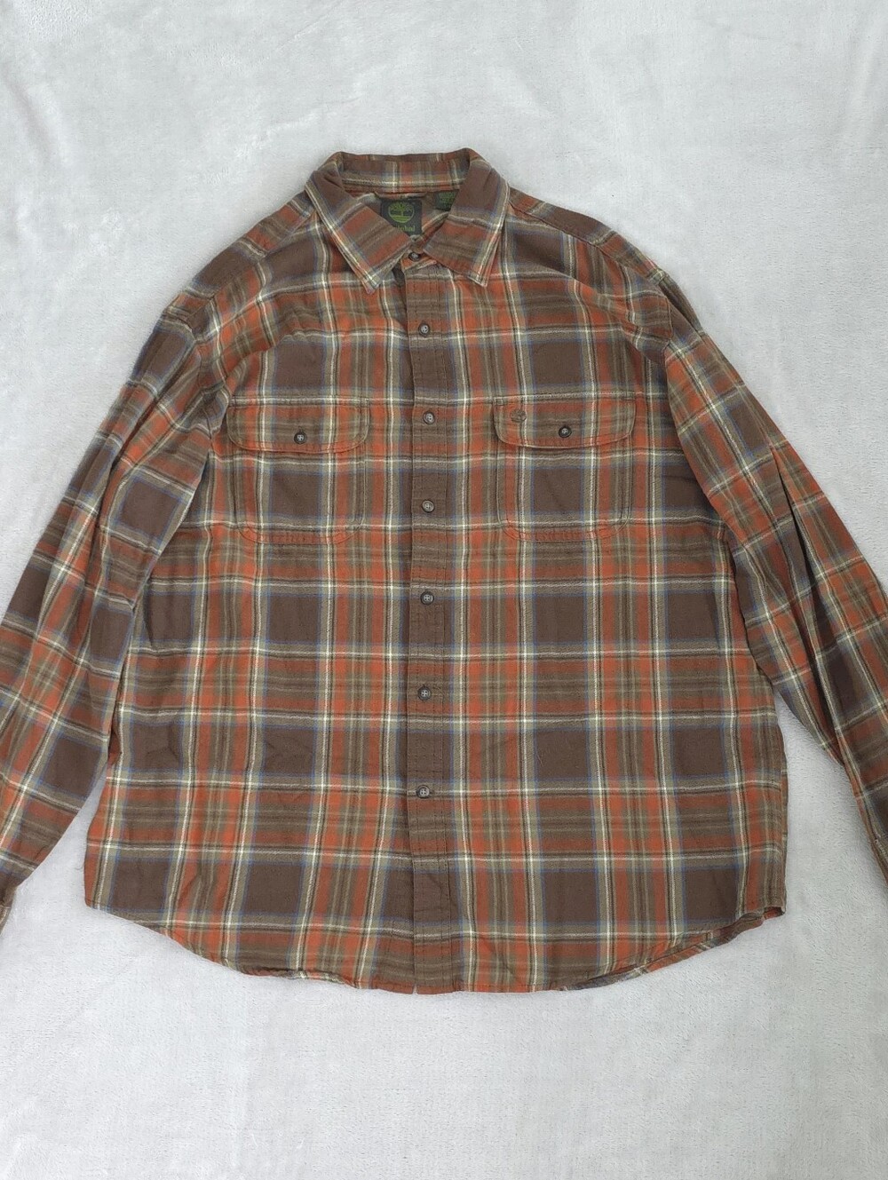 Timberland Mens Plaid Flannel Shirt Long Sleeve Brown Orange Size Large